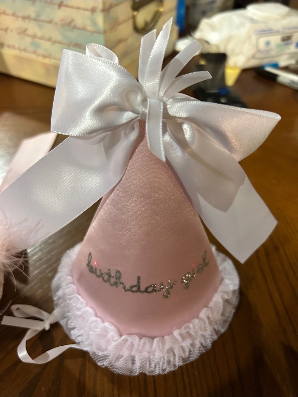 Pink Satin 'Birthday Girl' Party Hat with White Bow